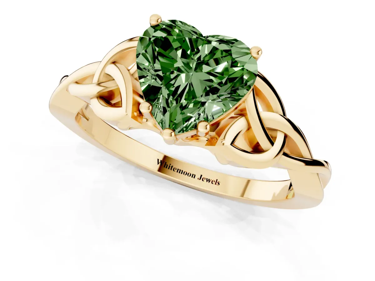 Fancy Green Heart Cut Diamond Solitaire Engagement Ring with Celtic Knot Band and Four-Prong Setting Yellow gold