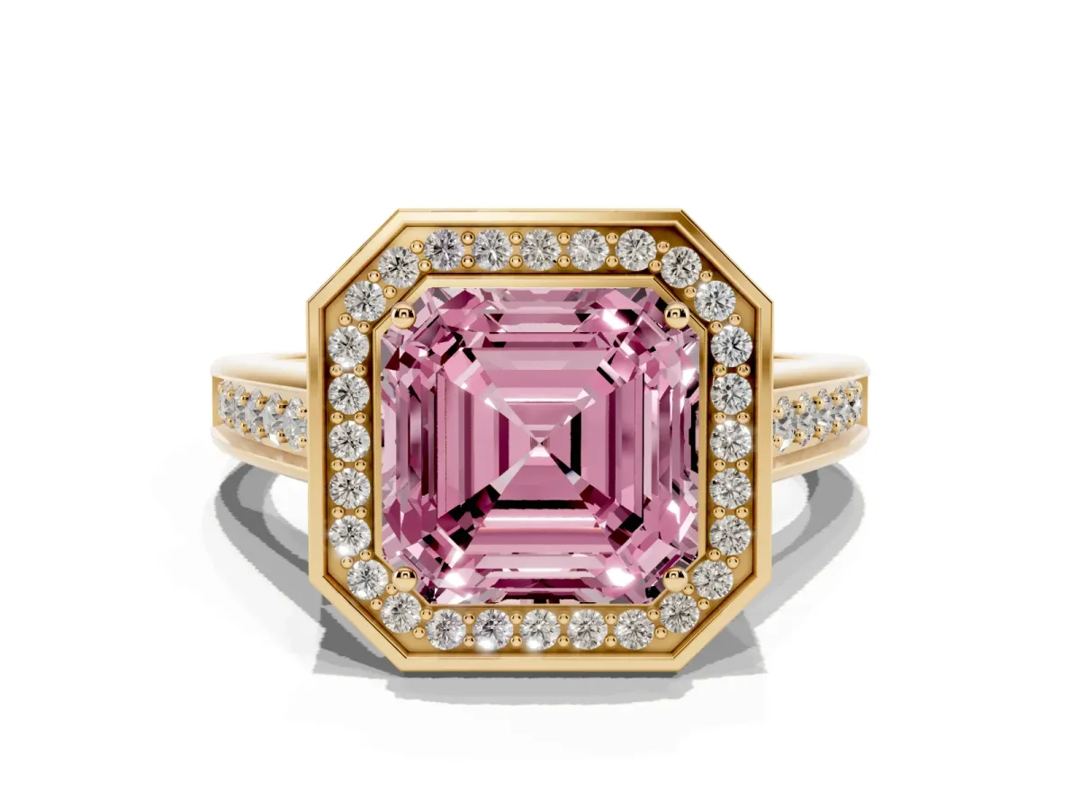 Fancy Pink Asscher Cut Halo Solitaire Diamond Ring with Pave Band and Bezel Setting Yellow gold