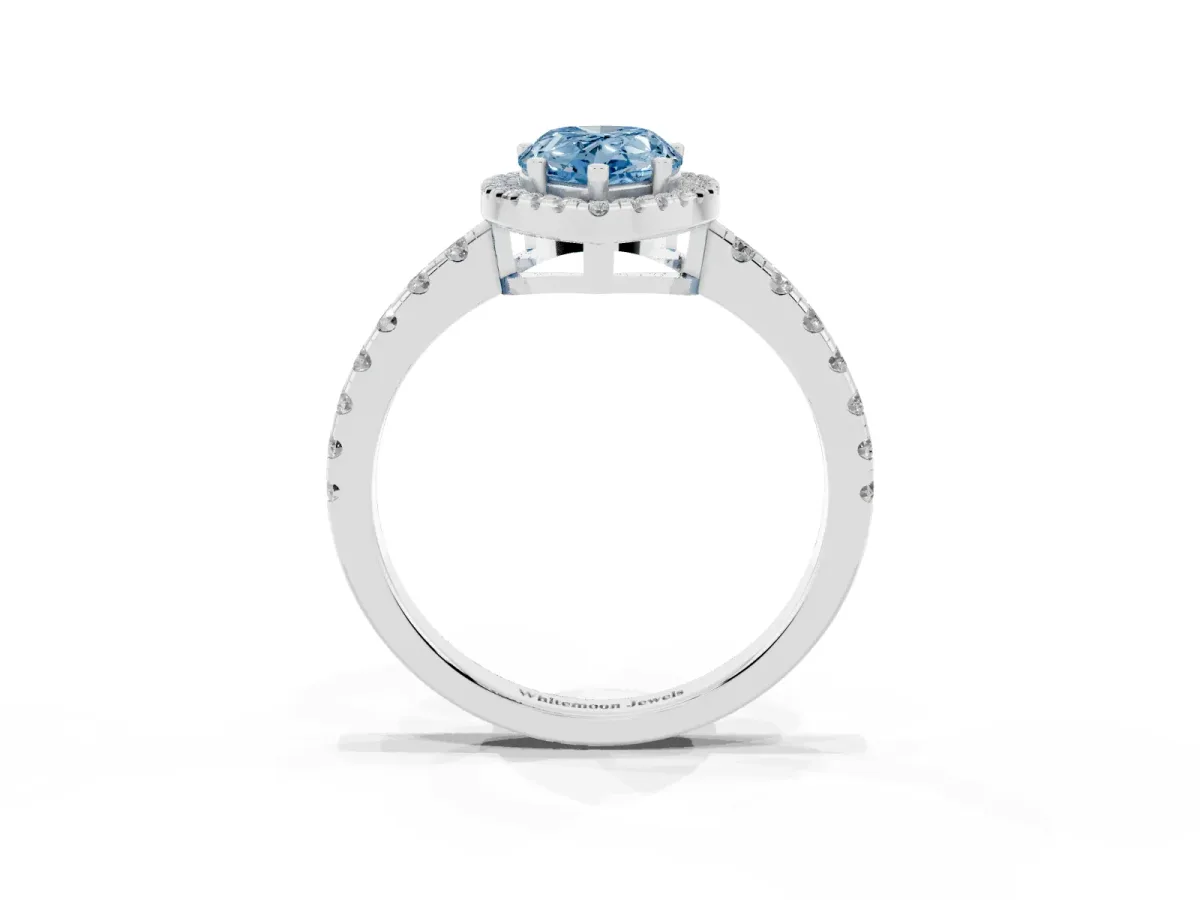 Fancy Blue Pear Cut Diamond Halo Ring with Pavé Band and Four-Prong Setting White gold