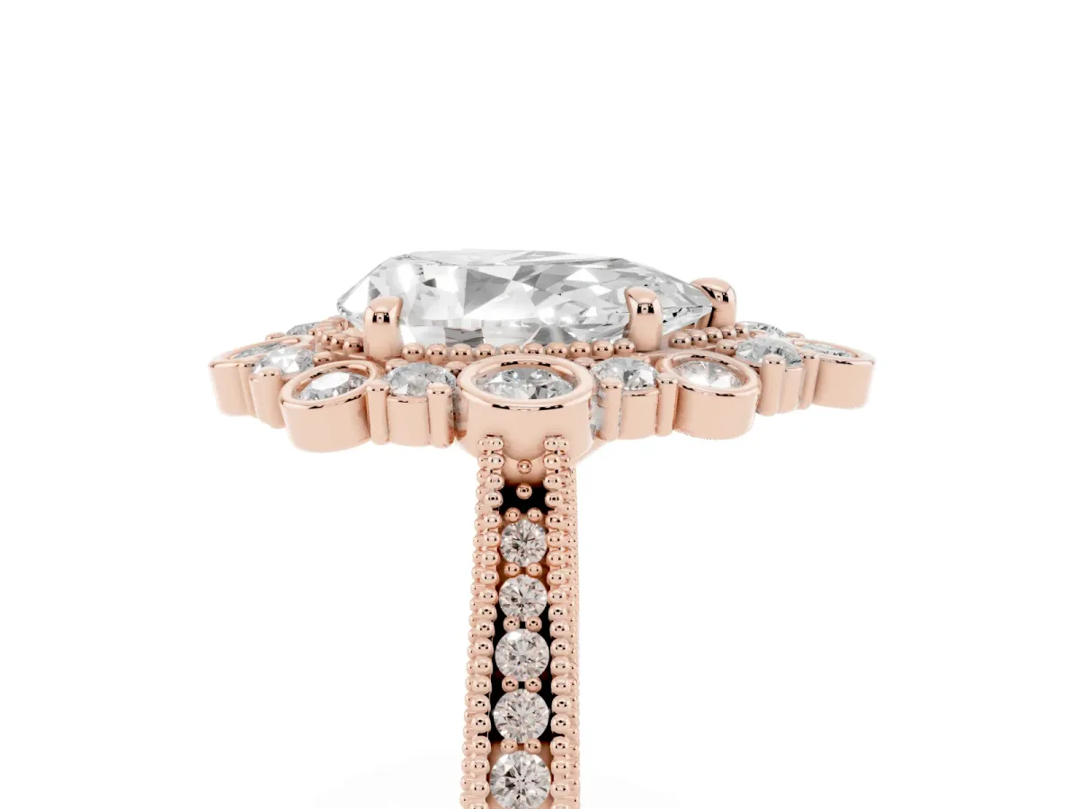 Pear Cut Halo Milgrain Pave Diamond Ring with Four-Prong Setting Rose gold