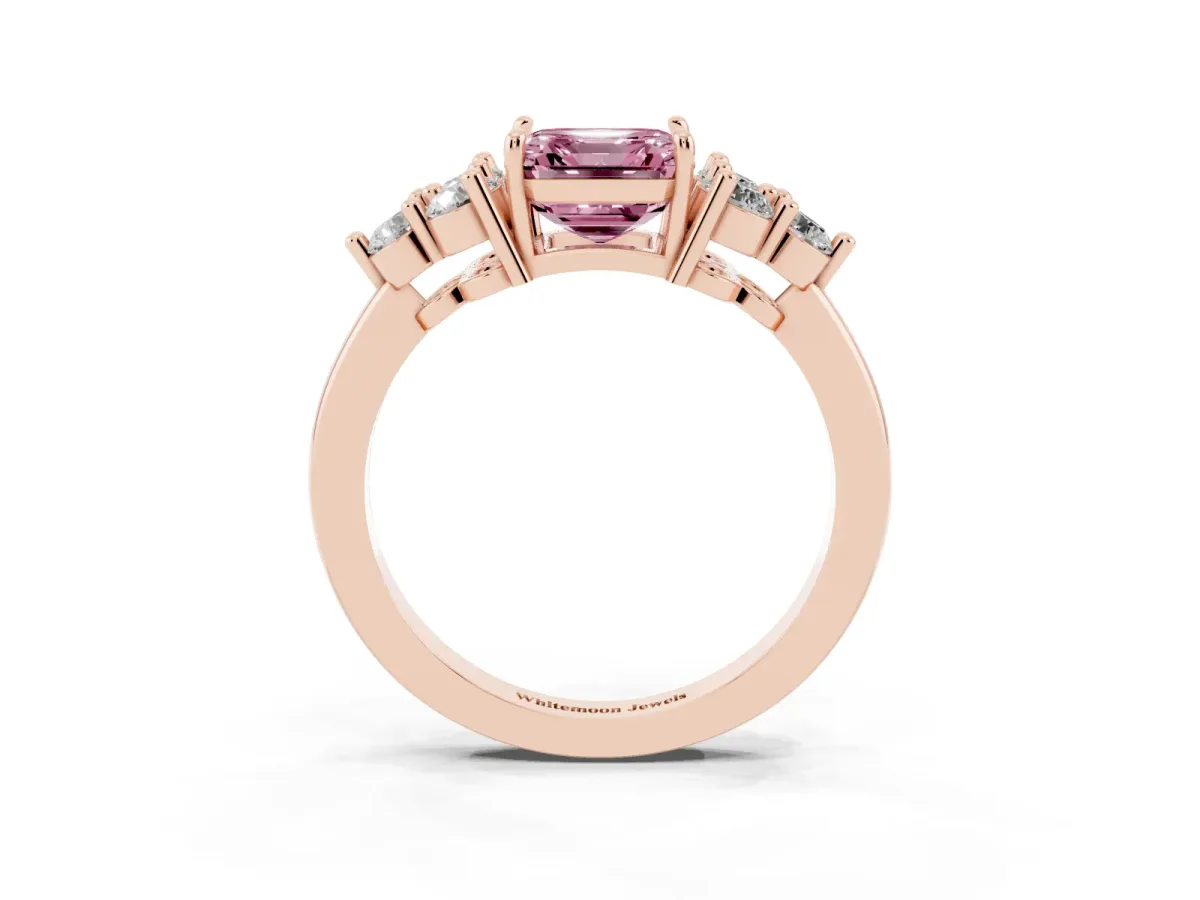 Fancy Pink Asscher Cut Brilliant Diamond Cluster Accent Solitaire Ring with Prong Setting Rose gold