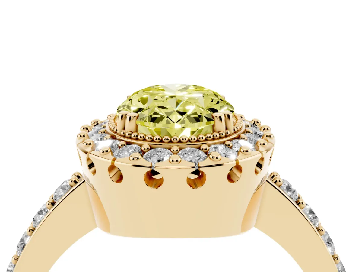 Fancy Yellow Oval Cut Diamond Halo Ring with Pavé Band and Prong Setting Yellow gold