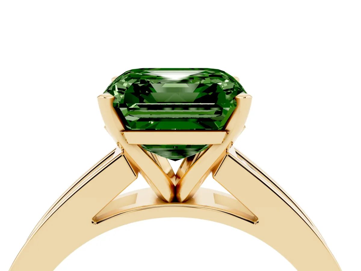 Fancy Green Asscher Cut Solitaire Diamond Ring with Channel-Set Band and Four-Prong Setting Yellow gold