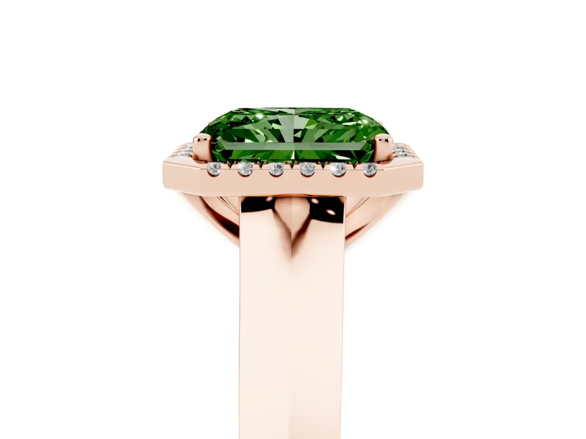 Fancy Green Radiant Cut Halo Diamond Ring with Cathedral Band and Four-Prong Setting Rose gold