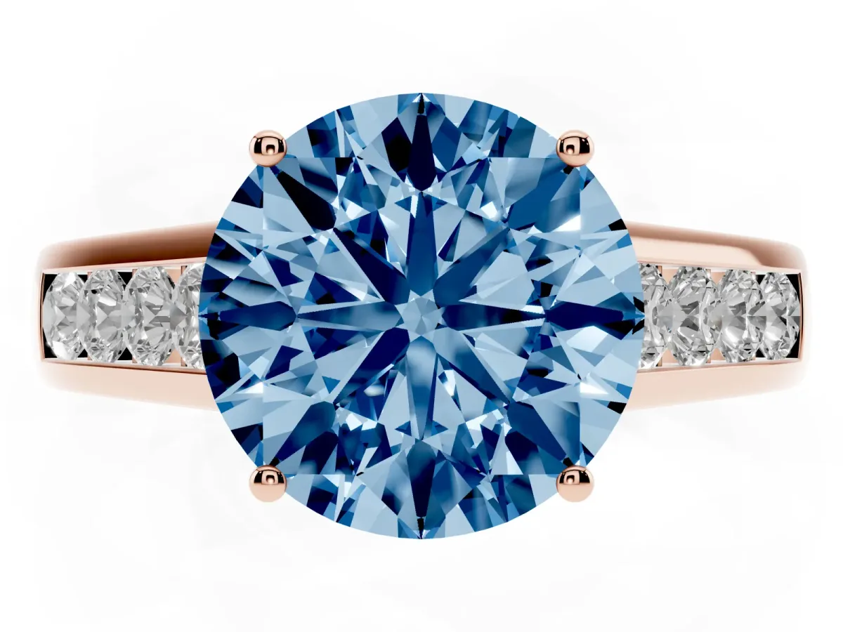 Fancy Blue Round Cut Brilliant Channel-Set Solitaire Ring with Four-Prong Setting Rose gold