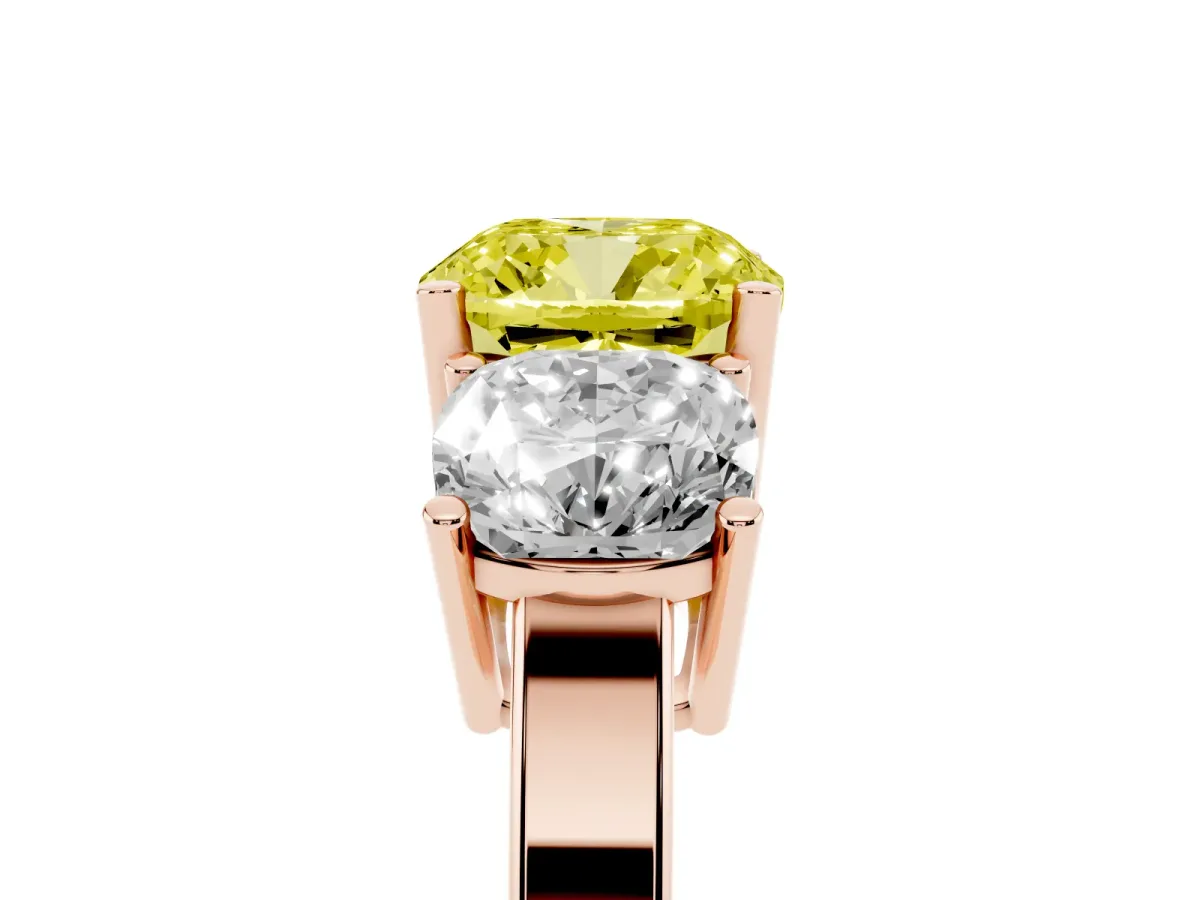Fancy Yellow Three-Stone Cushion Cut Cut Diamond Engagement Ring with Flat Band and Four-Prong Setting Rose gold