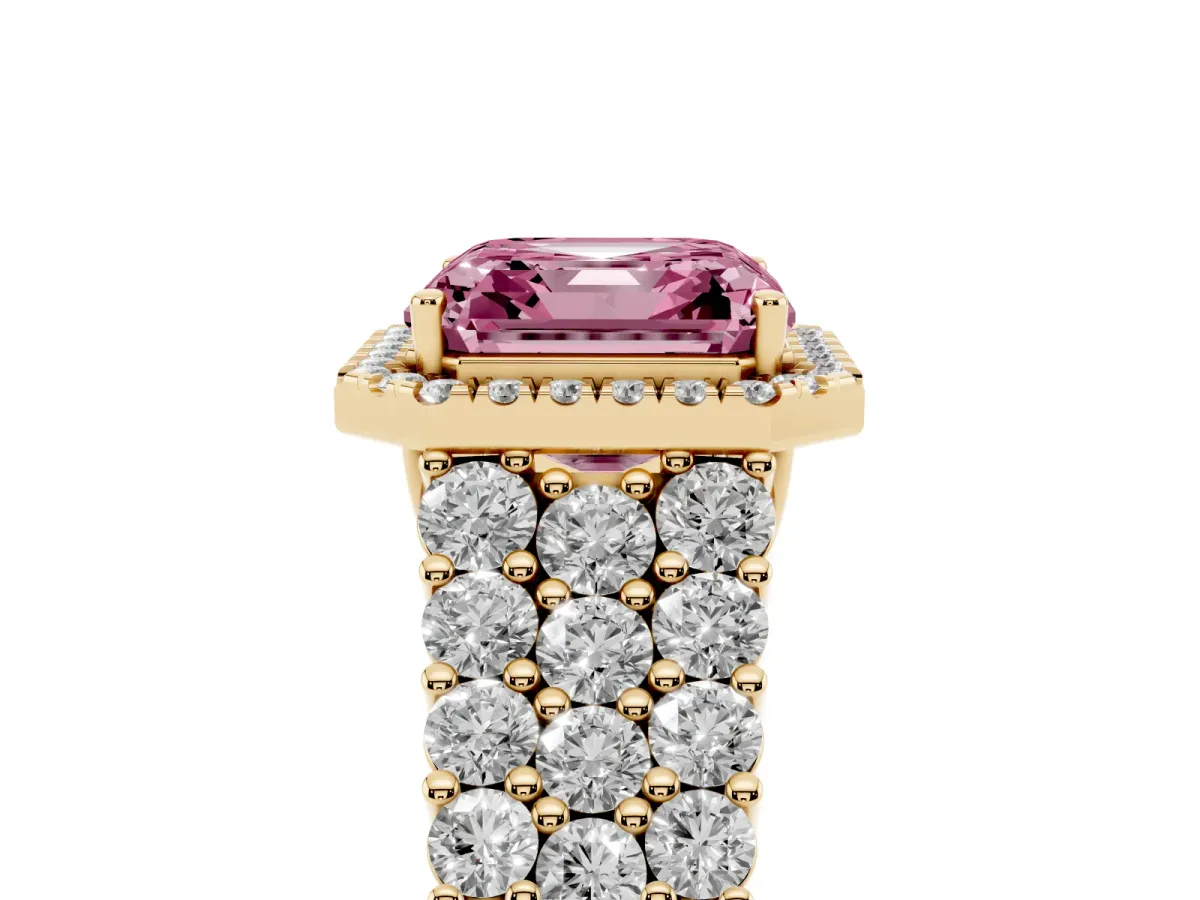 Fancy Pink Asscher Cut Diamond Halo Engagement Ring with Triple Row Round Pavé Band and Prong Setting Yellow gold