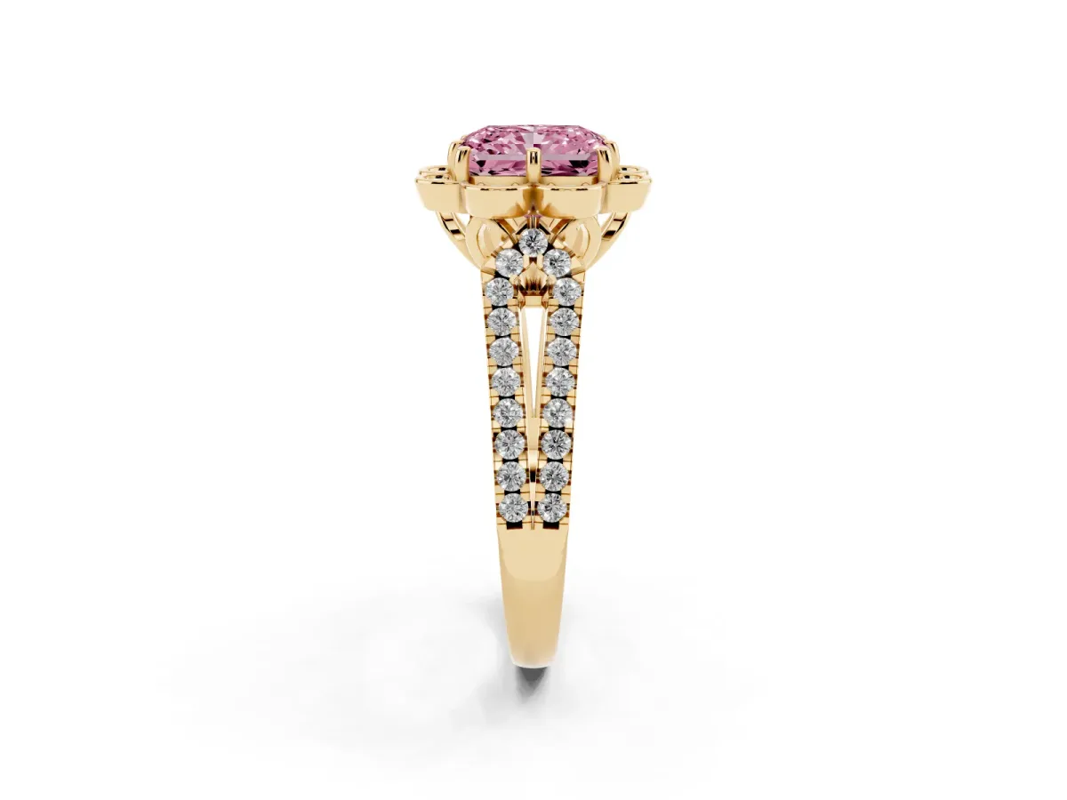 Fancy Pink Radiant Cut Halo Diamond Floral Split Shank Engagement Ring Yellow gold