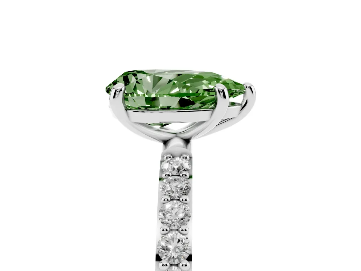 Fancy Green Pear Cut Diamond Solitaire Ring with Round Pavé Band and Prong Setting Platinum