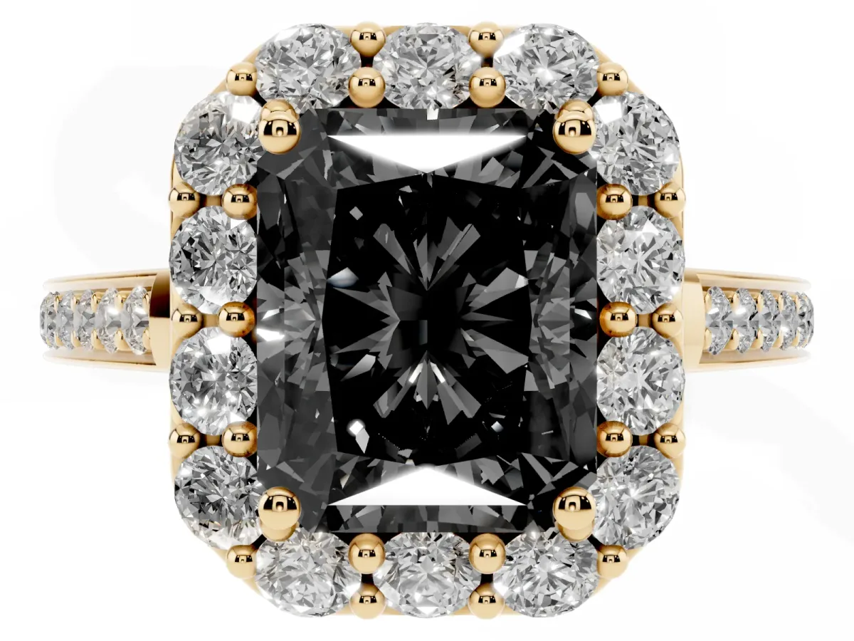 Fancy Black Radiant Cut Diamond Floral Halo Ring with Pavé Band and Prong Setting Yellow gold