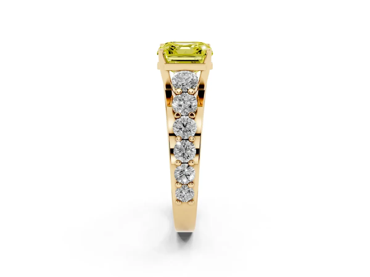 Fancy Yellow Asscher Cut Diamond Engagement Ring with Pavé Band and Four-Prong Setting Yellow gold