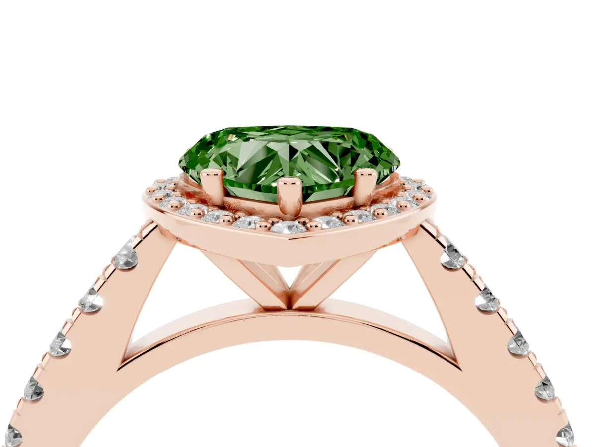 Fancy Green Heart Cut Cut Halo Diamond Engagement Ring with Pave Band and Four-Prong Setting Rose gold