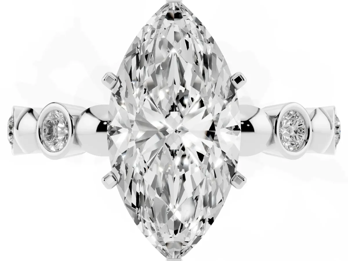 Marquise Cut Solitaire Bezel-Set Diamond Ring with Beaded Band and Four-Prong Setting Silver