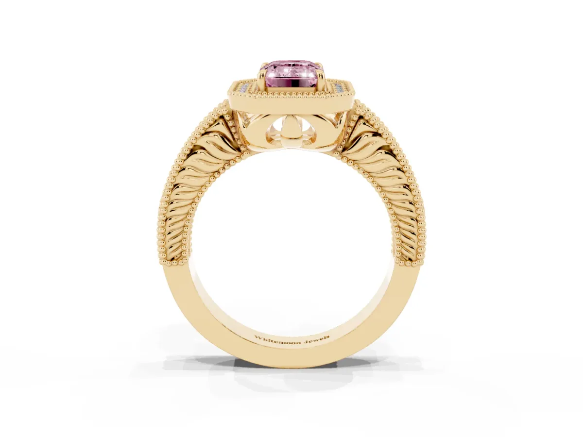 Fancy Pink Emerald Cut Cut Halo Diamond Ring with Pavé Band and Four-Prong Setting Yellow gold