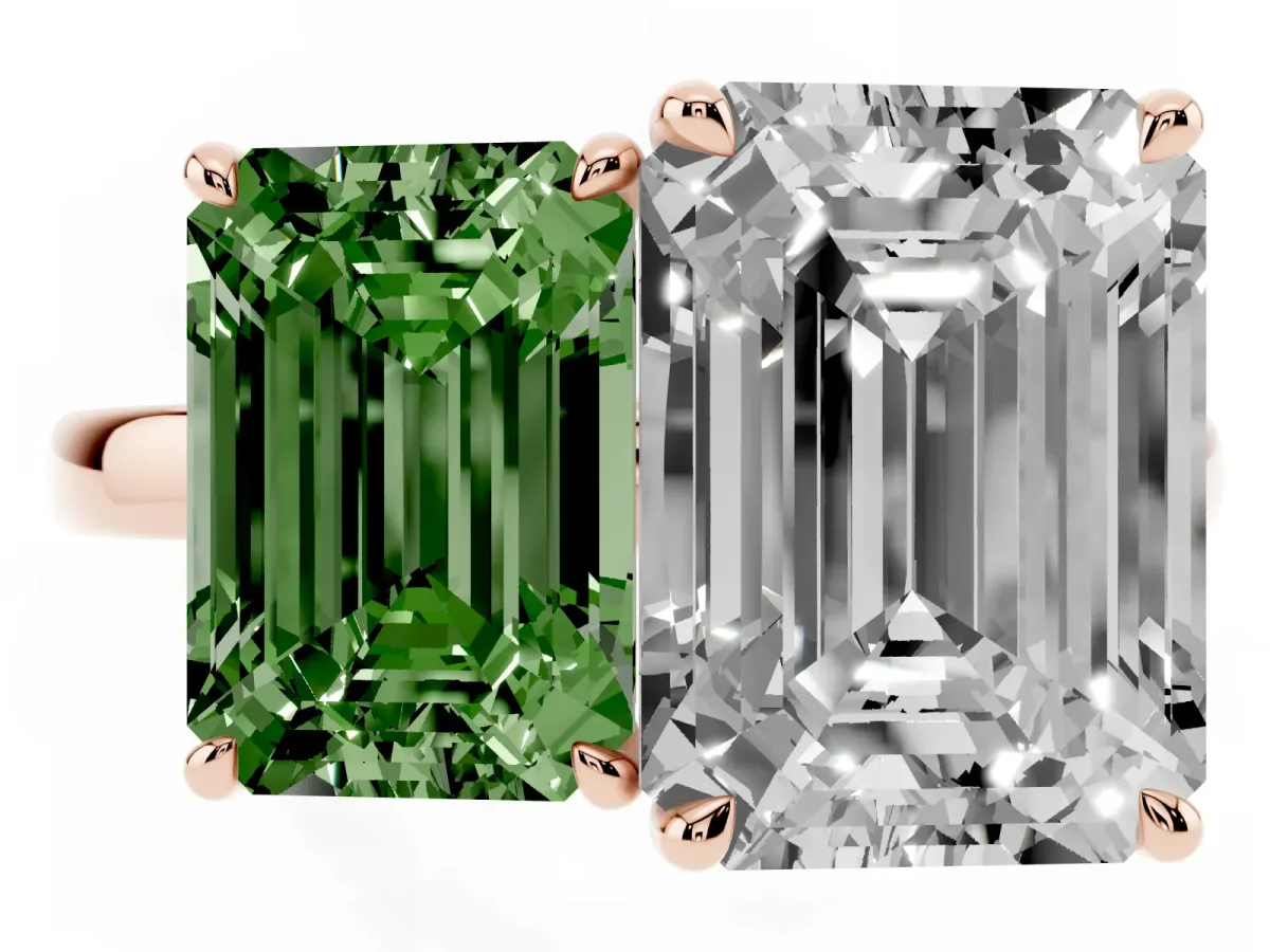 Fancy Green Emerald Cut and Emerald Cut Toi Moi Ring with Prong Setting Rose gold