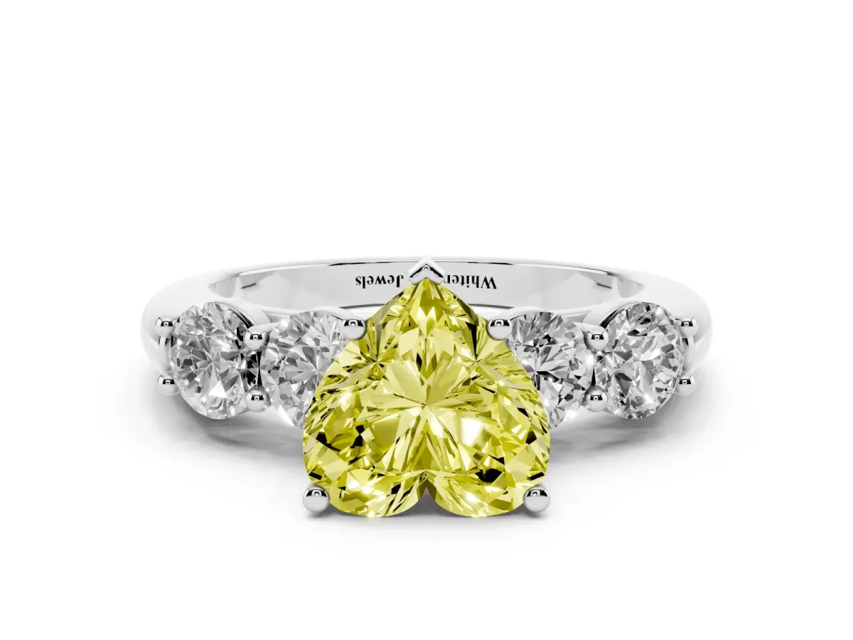 Fancy Yellow Heart Cut Cut Five-Stone Prong Set Diamond Ring with Classic Band Silver