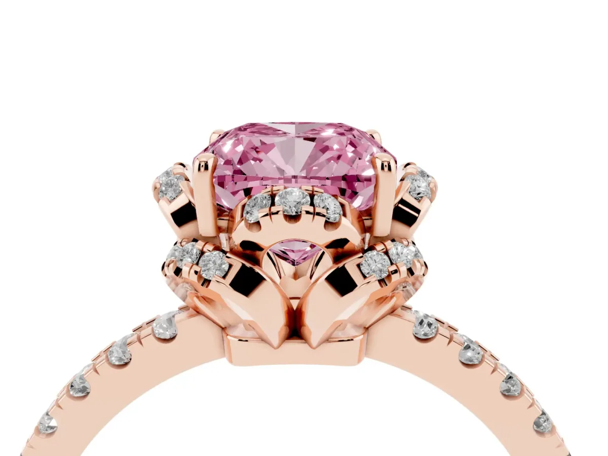 Fancy Pink Cushion Cut Halo Diamond Pave Band Ring with Four-Prong Setting Rose gold