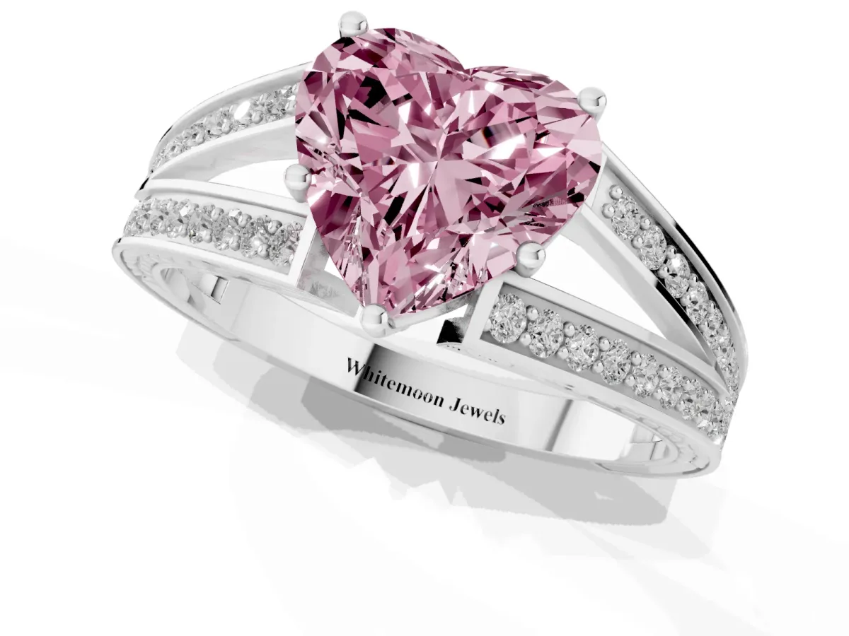 Fancy Pink Heart Cut Diamond Split Shank Ring with Pavé Band and Four-Prong Setting Silver