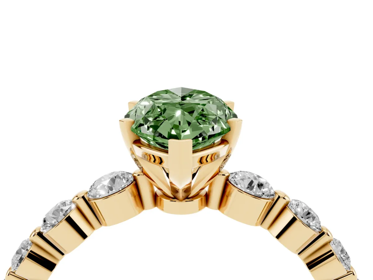 Fancy Green Marquise Cut Solitaire Diamond Ring with Pave Band and Four-Prong Setting Yellow gold