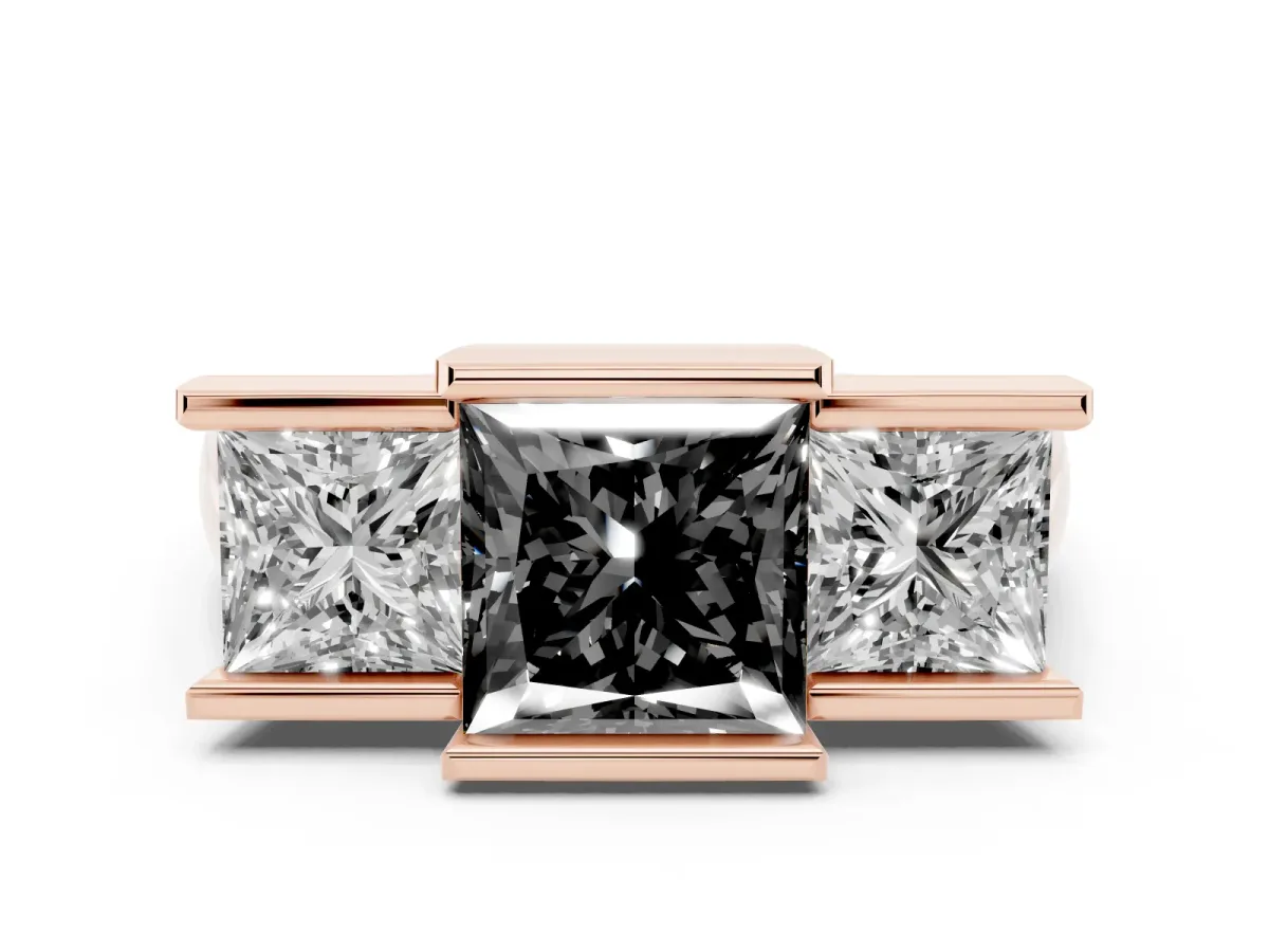 Fancy Black Three Stone Princess Cut Cut Channel Set Diamond Ring Rose gold