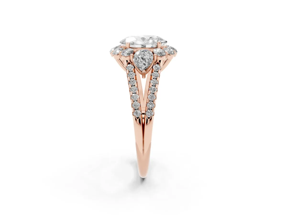 Oval Cut Halo Split Shank Diamond Engagement Ring with Prong Setting Rose gold