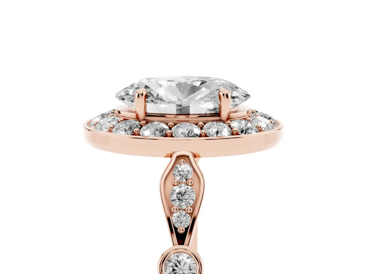Oval Cut Halo Diamond Engagement Ring with Twisted Band and Four-Prong Setting Rose gold