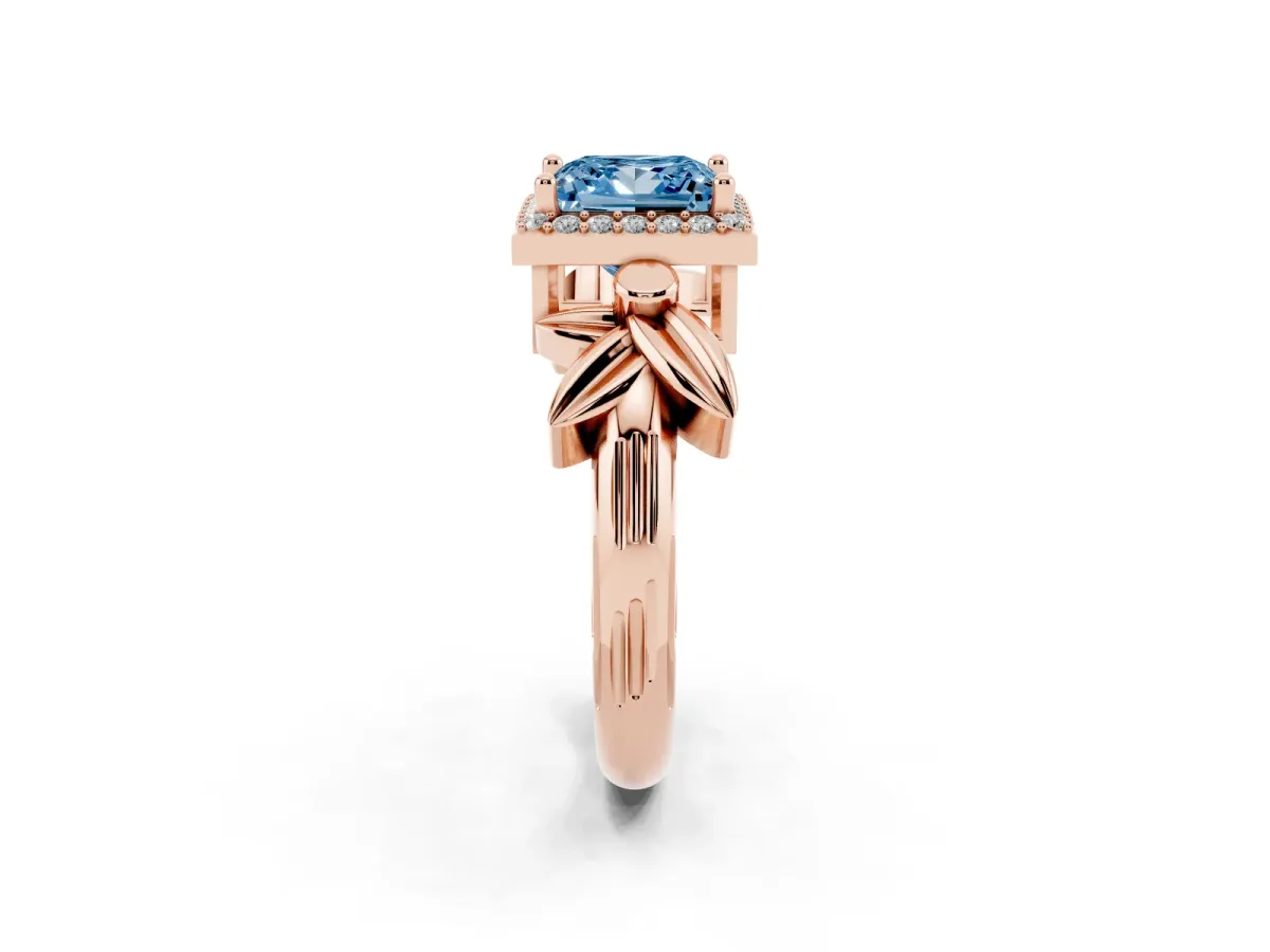 Fancy Blue Princess Cut Halo Diamond Floral Band with Four-Prong Setting Rose gold