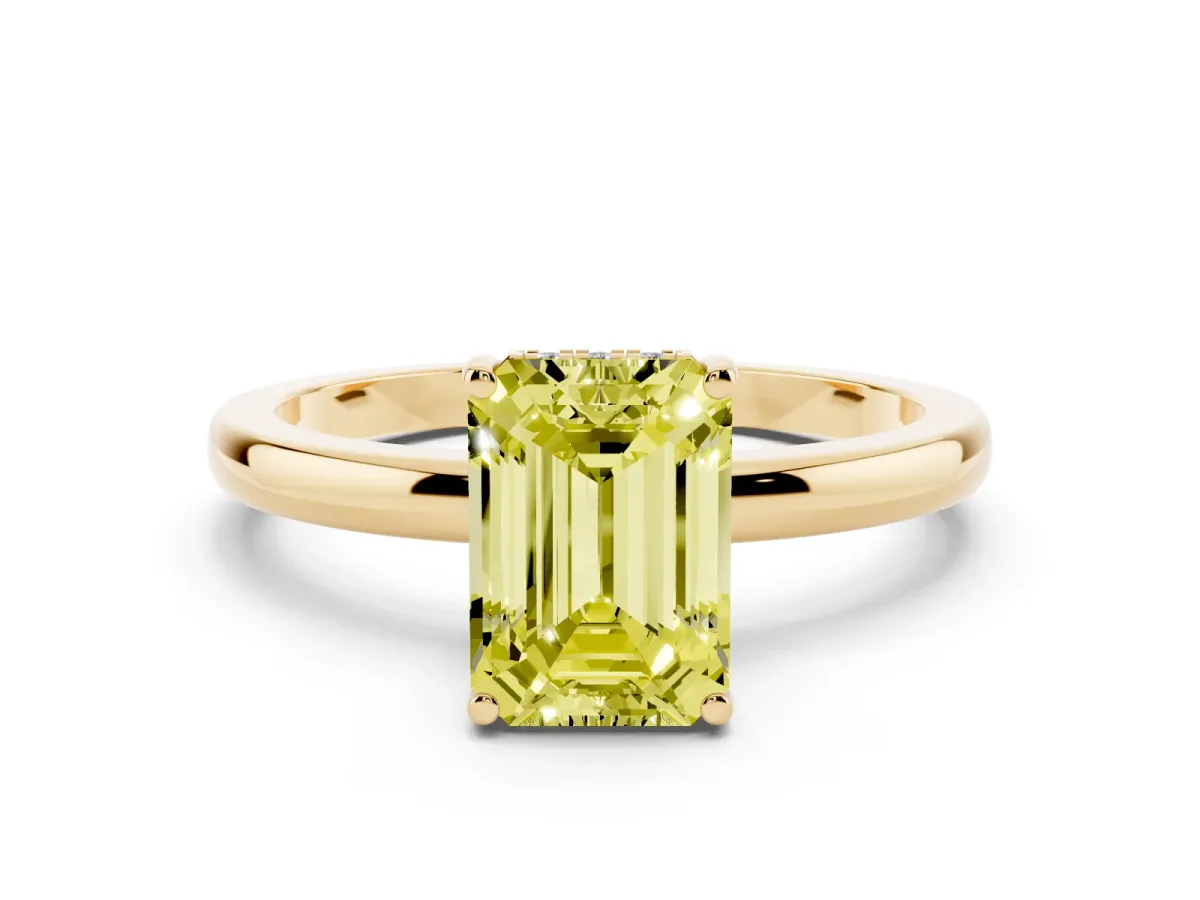 Fancy Yellow Emerald Cut Solitaire Diamond Ring with Prong Setting and Plain Band Yellow gold