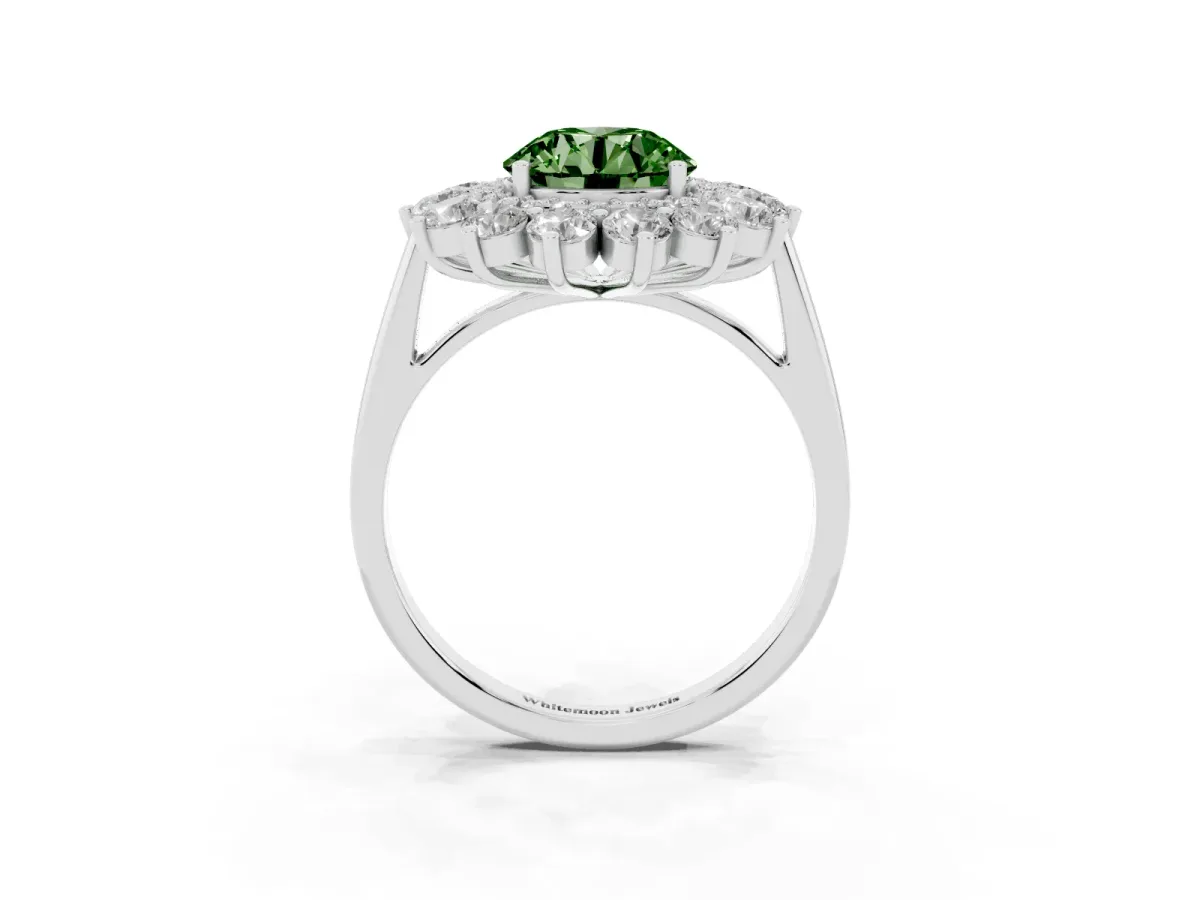 Fancy Green Round Cut Diamond Floral Double Halo Engagement Ring with Prong Setting Platinum