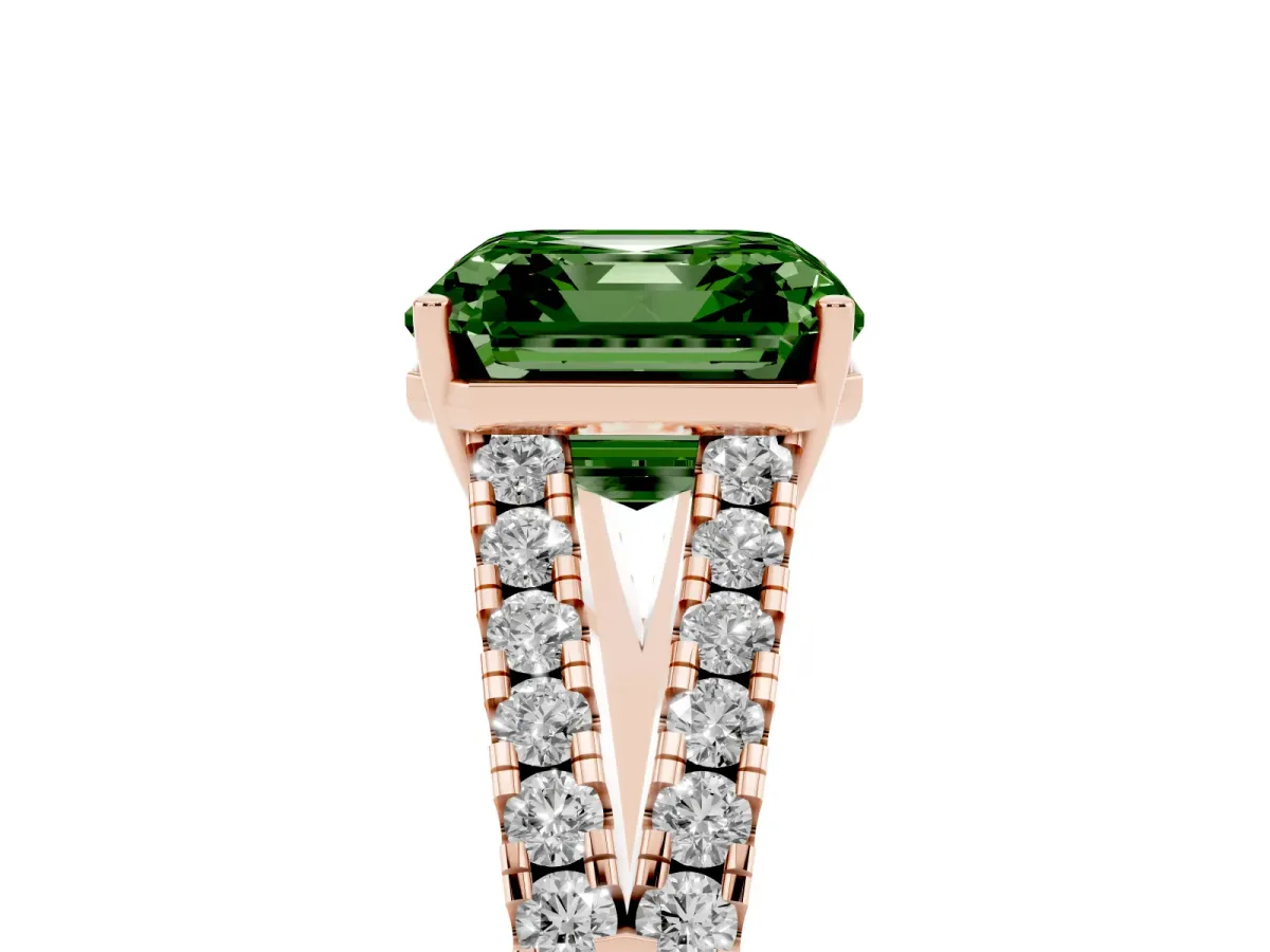 Fancy Green Asscher Cut Diamond Split Shank Pavé Engagement Ring with Four-Prong Setting Rose gold