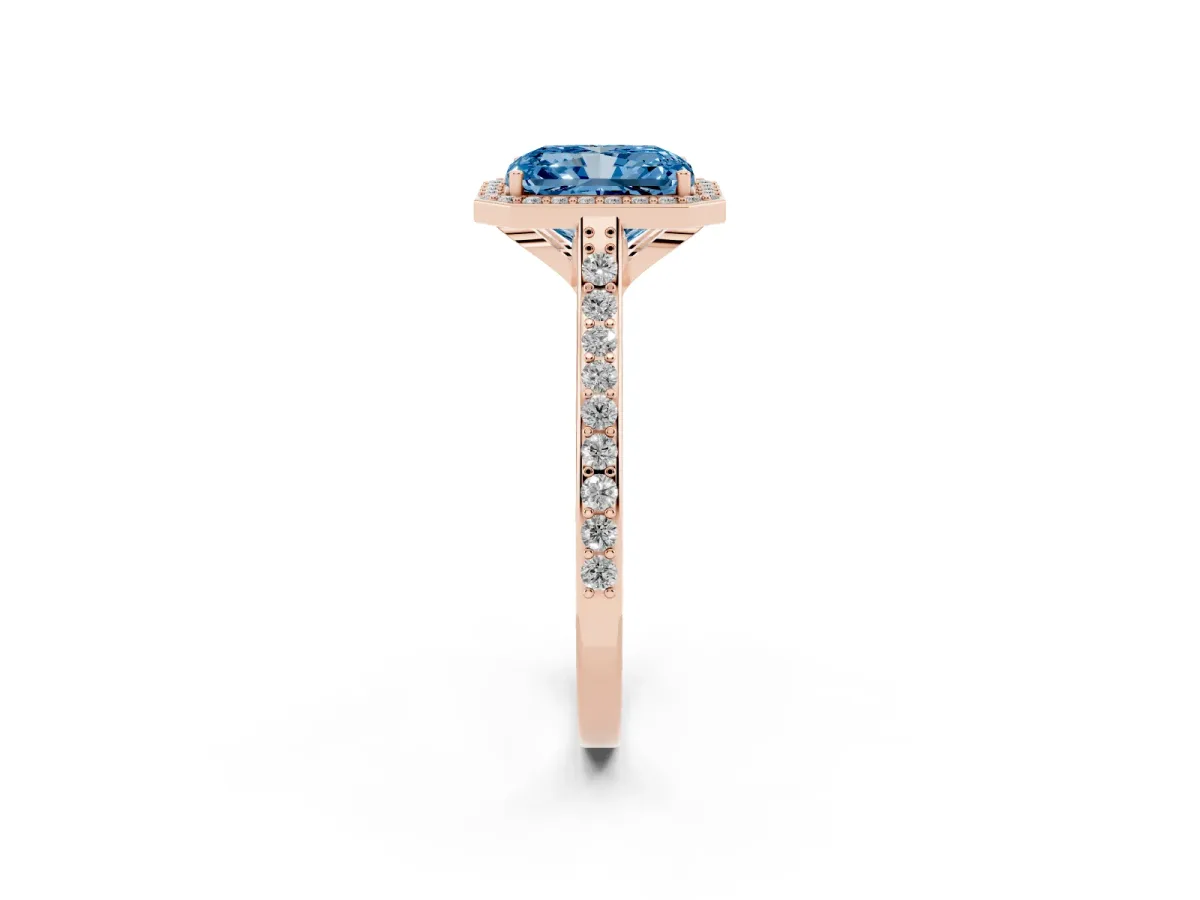 Fancy Blue Radiant Cut Diamond Halo Engagement Ring with Round Pavé Shoulders and Prong Setting Rose gold
