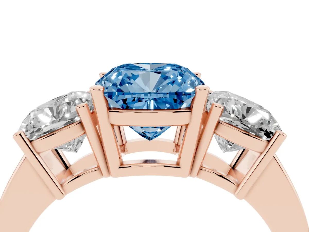 Fancy Blue Three-Stone Cushion Cut Cut Diamond Engagement Ring with Flat Band and Four-Prong Setting Rose gold