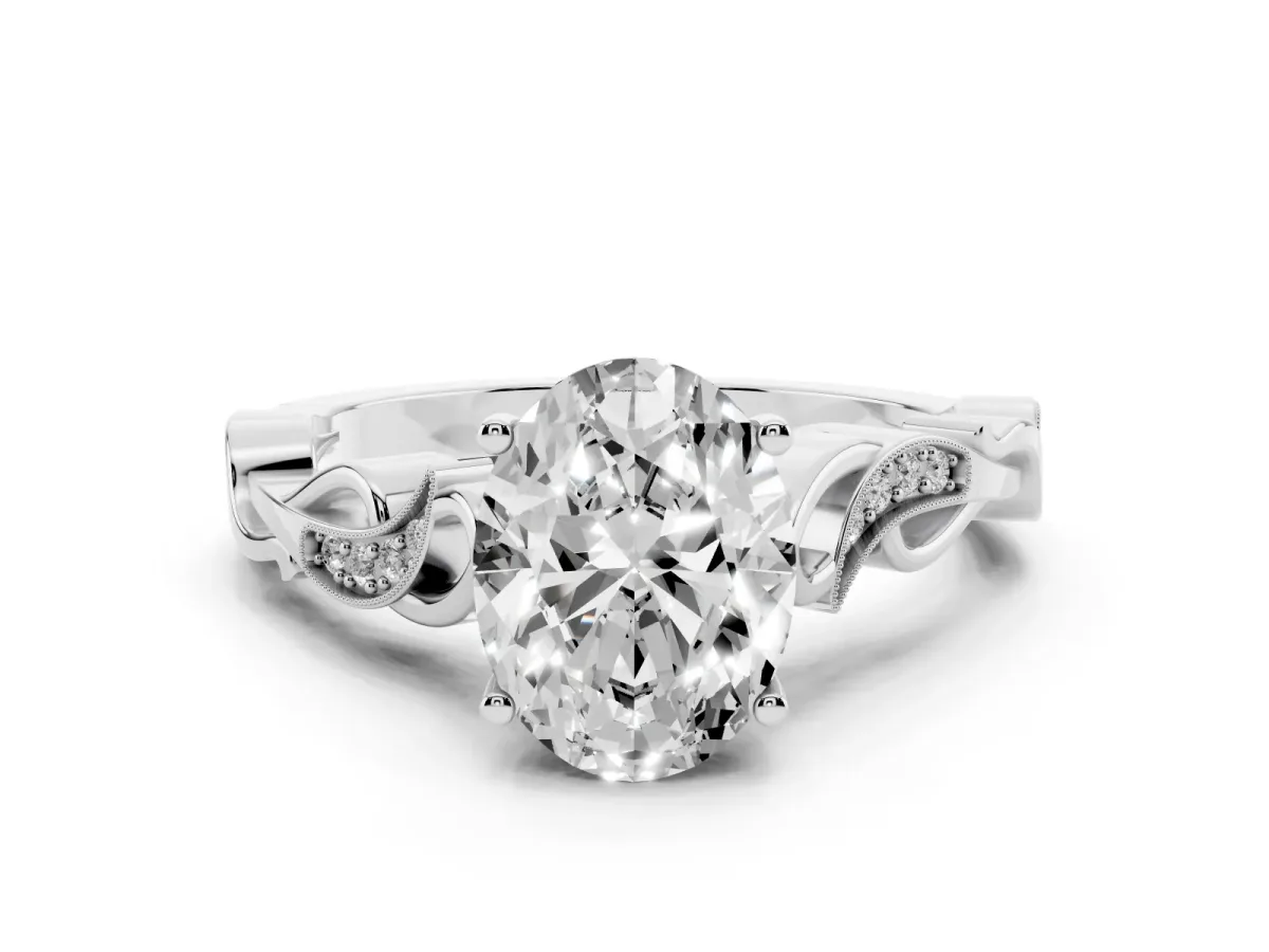 Oval Cut Solitaire Vine Band with Milgrain Prong Setting White gold