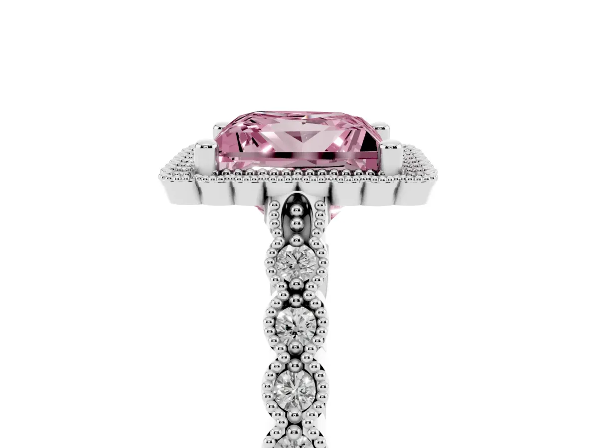 Fancy Pink Princess Cut Cut Halo Pavé Solitaire Ring with Milgrain Band White gold