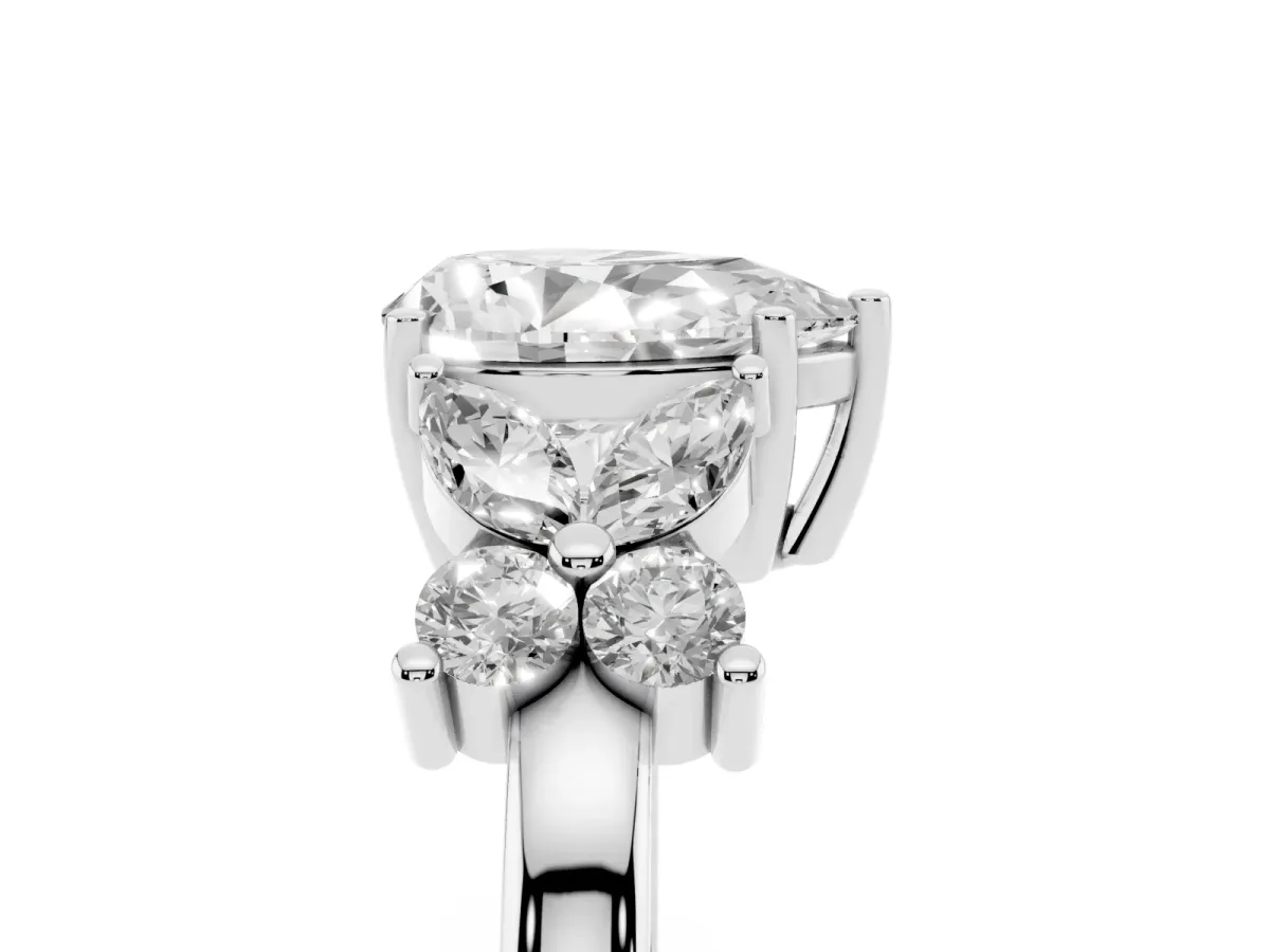Pear Cut Diamond Floral Cluster Ring with Solitaire Band and Prong Setting Silver