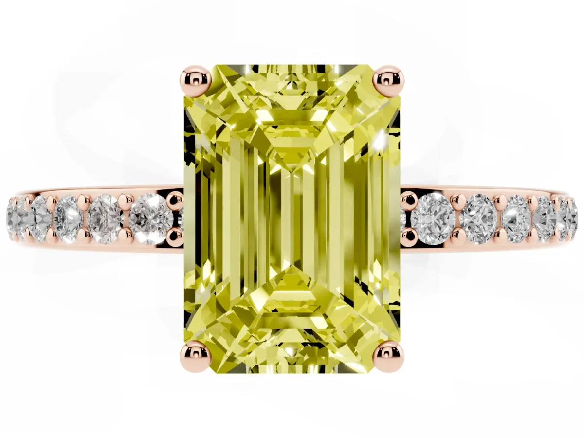 Fancy Yellow Emerald Cut Cut Diamond Pavé Band Ring with Four-Prong Setting Rose gold