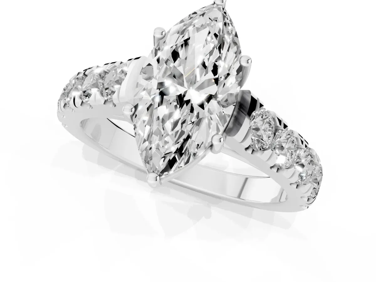 Marquise Cut Cut Diamond Solitaire Ring with Micro Pave Band and Prong Setting Platinum