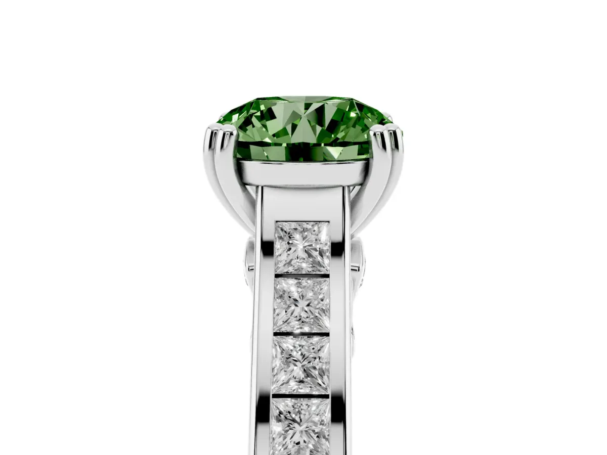 Fancy Green Round Cut Cut Channel Set Solitaire Engagement Ring with Prong Setting Platinum