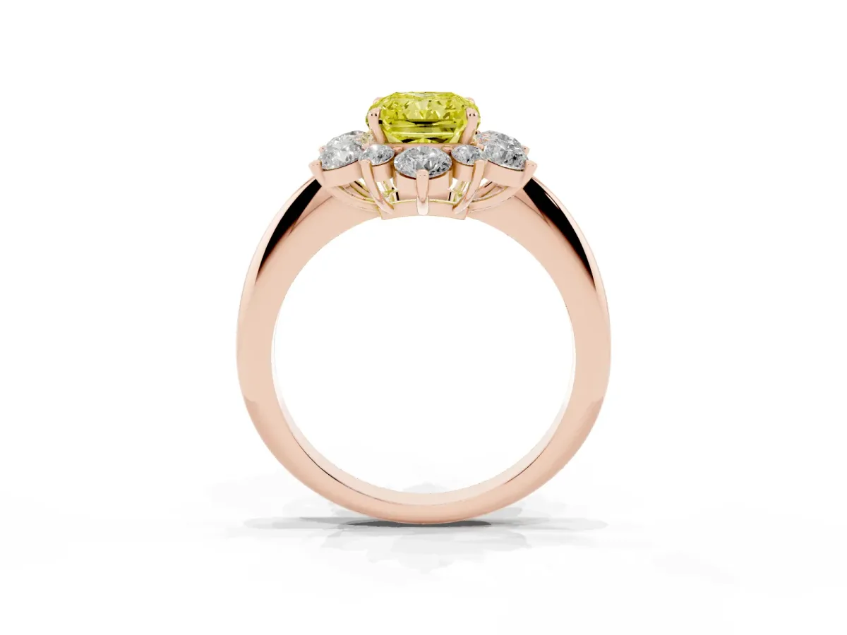 Fancy Yellow Radiant Cut Diamond Cluster Halo Ring with Solitaire Band and Four-Prong Setting Rose gold