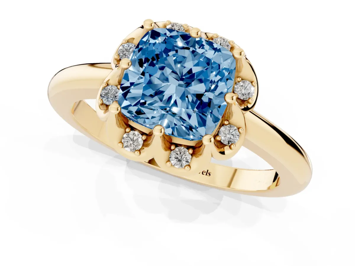 Fancy Blue Cushion Cut Halo Diamond Ring with Round Cluster Setting, Solitaire Band, and Four-Prong Setting Yellow gold