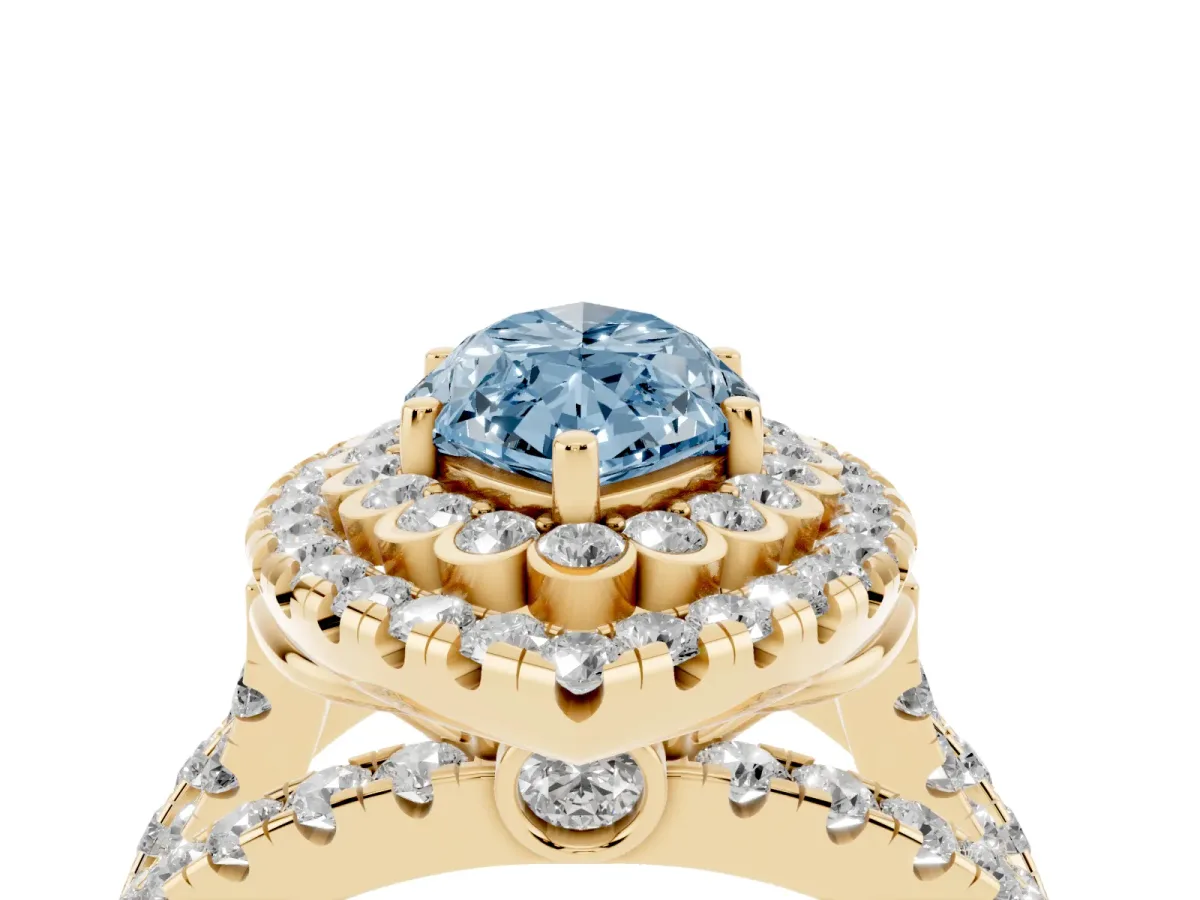 Fancy Blue Marquise Cut Diamond Double Halo Ring with Round Pavé Split Shank and Prong Setting Yellow gold