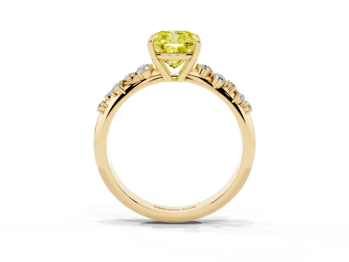 Fancy Yellow Cushion Cut Diamond Cluster Side Stone Solitaire Ring with Prong Setting Yellow gold