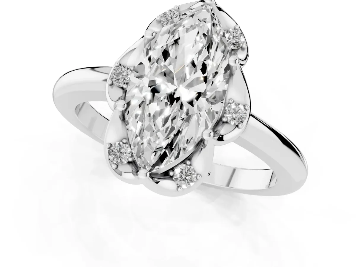 Marquise Cut Halo Diamond Ring with Round Cluster Setting, Solitaire Band, and Four-Prong Setting Silver