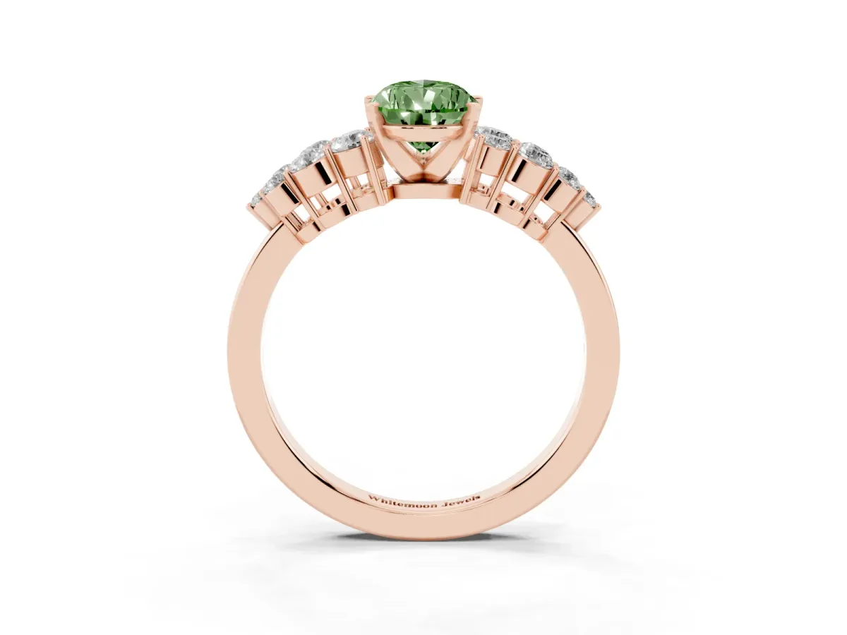 Fancy Green Pear Cut Cluster Diamond Engagement Ring with Pavé Band and Four-Prong Setting Rose gold