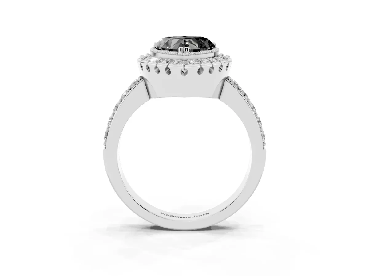 Fancy Black Heart Cut Diamond Halo Ring with Pavé Band and Prong Setting Silver