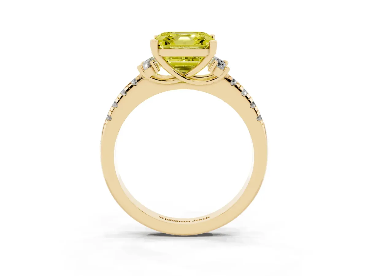 Fancy Yellow Asscher Cut Diamond Three-Stone Pave Band with Four-Prong Setting Yellow gold