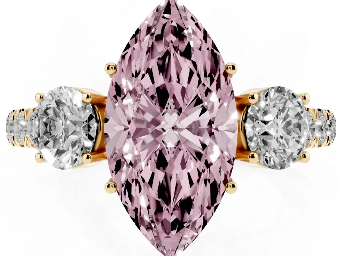 Fancy Pink Marquise Cut Cut Diamond Three-Stone Ring with Round Side Stones and Pavé Band Yellow gold