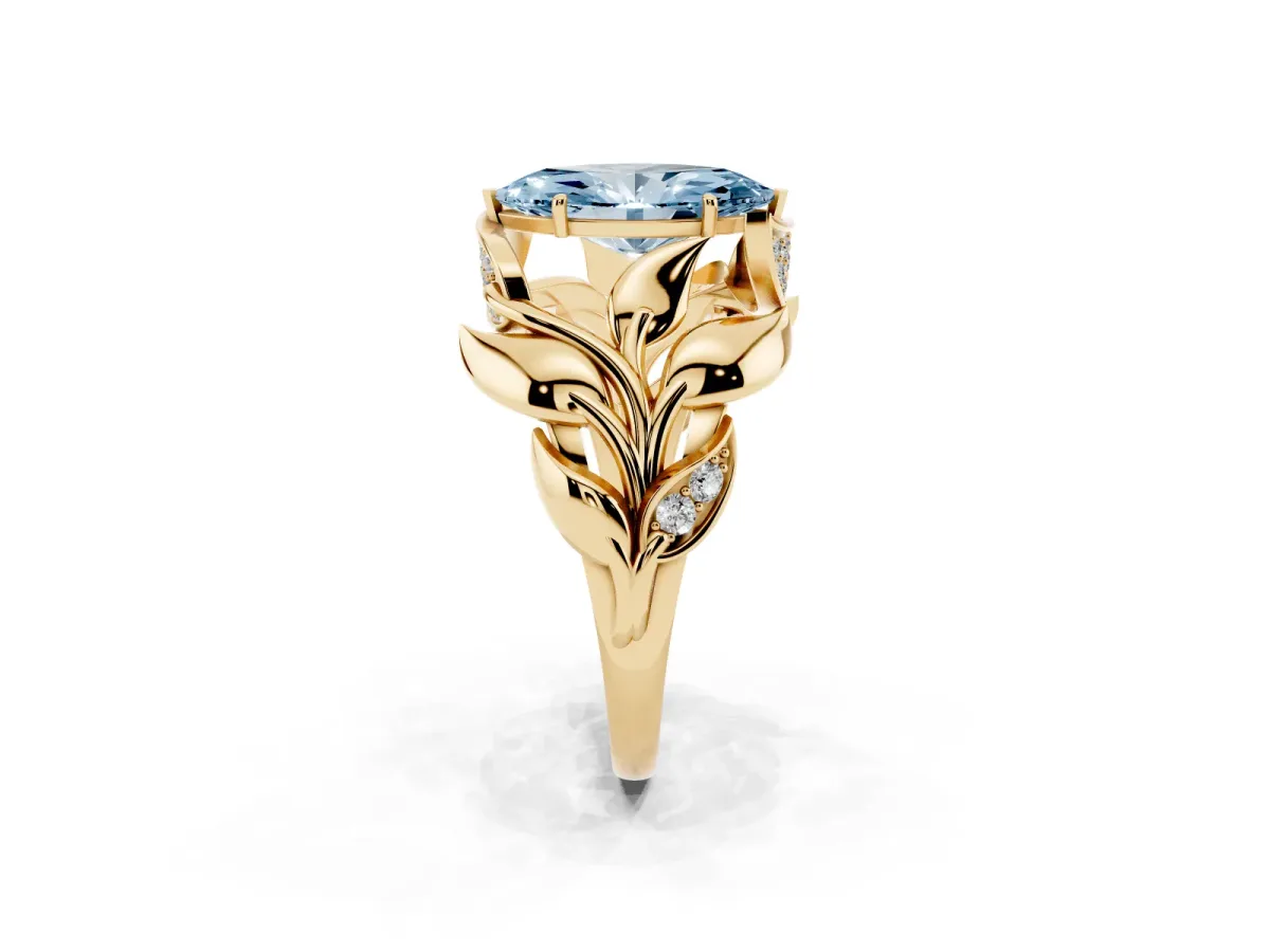 Fancy Blue Marquise Cut Diamond Leaf-Inspired Engagement Ring with Round Accents and Prong Setting Yellow gold