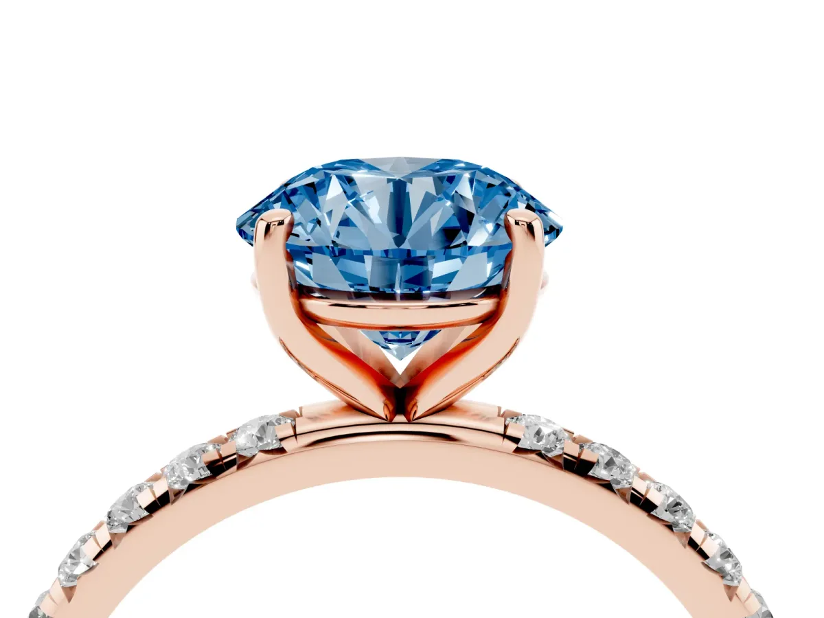 Fancy Blue Round Cut Cut Diamond Solitaire Ring with Micro Pave Band and Four Prong Setting Rose gold