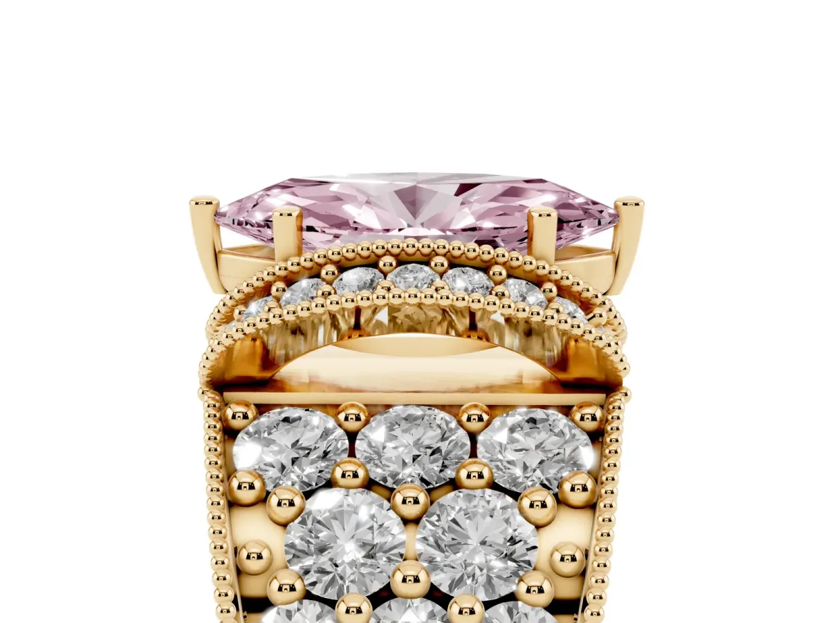 Fancy Pink Marquise Cut Halo Pave Diamond Engagement Ring with Milgrain Detailing Yellow gold